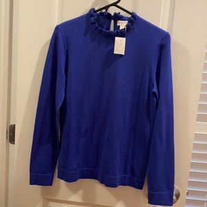 Royal blue J Crew sweater with ruffled neckline